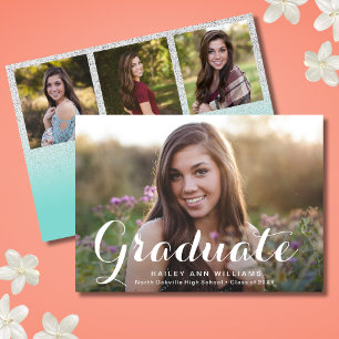 4 Foto Trendy Aquamarin Blue Chic Graduation Party Einladung