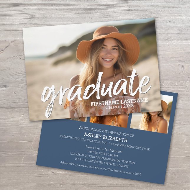 4 Foto Trendy Script Graduation Party Einladung (Graduation Announcement with Party Invite and 3 Photos)