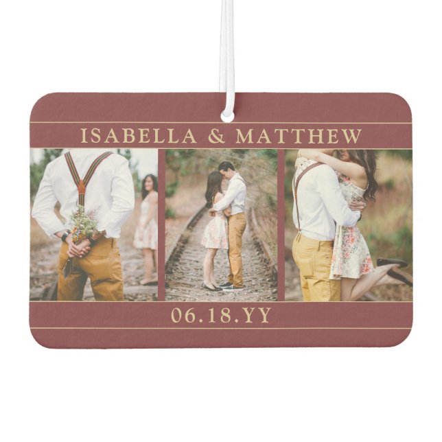 4 Foto Wedding Collage Burgundy Red & Gold Heart Autolufterfrischer (Vorderseite)