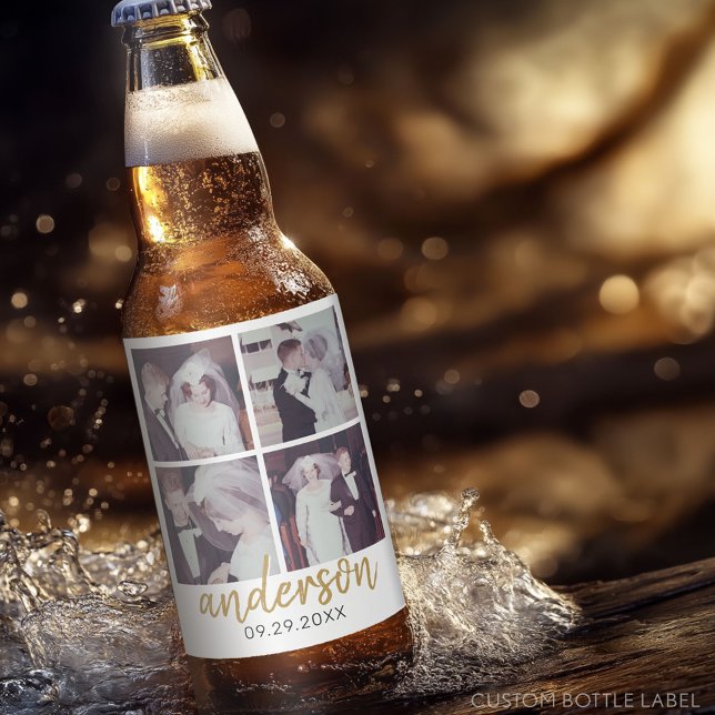 4 Foto Wedding Collage Handgeschriebener Nachname Bierflaschenetikett (Custom Party Beer Label - Wedding Anniversary)