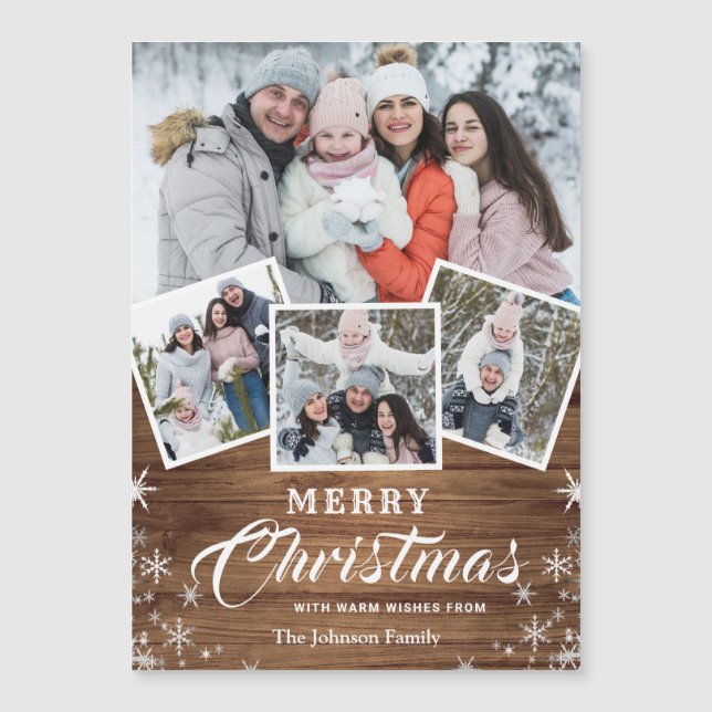 4 FOTO Weihnachten Rustikales Holz Magnetkarte (Vorderseite)