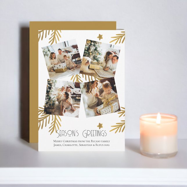 4 Foto Weihnachten Weihnachtsgeschenk der Saison (4 Photo Season's Greetings Christmas template cards from Ricaso. Mustard gold foliage and stars)