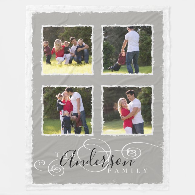 4 Fotocollage Familienname grau groß hinzufügen Fleecedecke (Vorderseite)