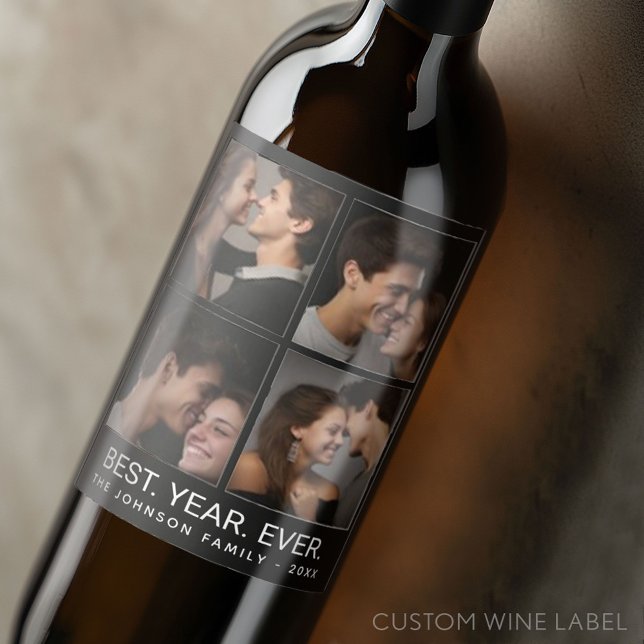 4 FotoCollage Minimalistisch - Bestes Jahr Weinetikett (Custom Wine Label with 4 Photos)