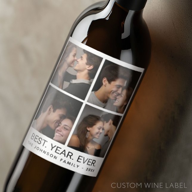 4 FotoCollage Minimalistisch - Bestes Jahr Weinetikett (Custom Wine Label with 4 Photo Collage)