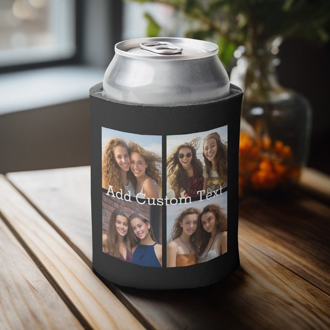 4 FotoCollage - Sie können die Hintergrundfarbe än Dosenkühler (Fun personalized 4 photo can cooler with a place to add custom text)