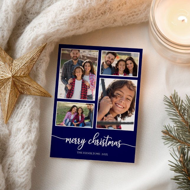 4 Fotos Collage Elegant Merry Christmas Blue Postkarte (Von Creator hochgeladen)