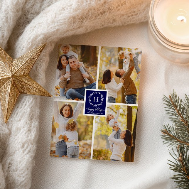 4 Fotos Collage Happy Holidays Christmas Blue Postkarte (Von Creator hochgeladen)