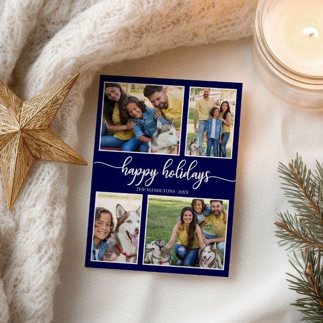 4 Fotos Collage Happy Holidays Modernes Navy Blue Postkarte (Von Creator hochgeladen)