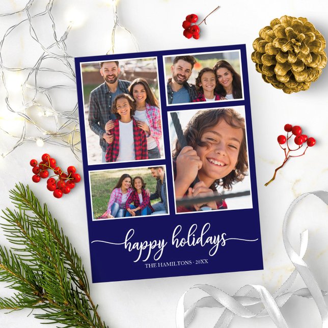 4 Fotos Collage Happy Holidays Modernes Navy Blue Postkarte (Von Creator hochgeladen)