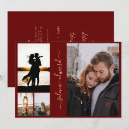 4 Fotos Grid Burgundy und Gold Script Wedding Einladung