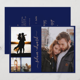 4 Fotos Grid Navy Blue und Gold Script Hochzeit Einladung