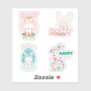 4 Frohe Ostern mit Hasen- und Blume-Aufklebern Aufkleber