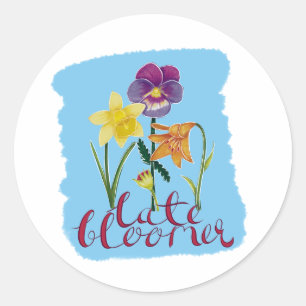 4 Frühlings- und Sommerblumen mit fancy Text Runder Aufkleber