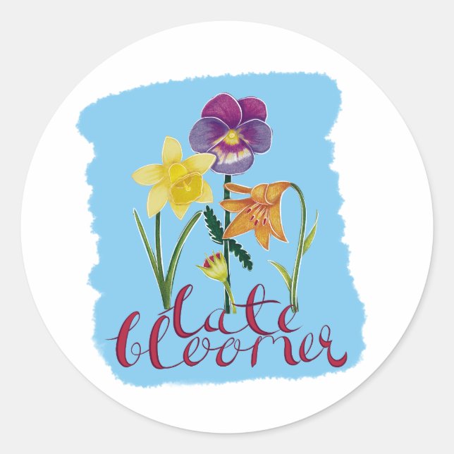 4 Frühlings- und Sommerblumen mit fancy Text Runder Aufkleber (Vorderseite)