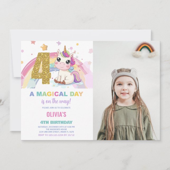 4. Geburtstag Einhorn Geburtstag Einladung Foto (Vorderseite)