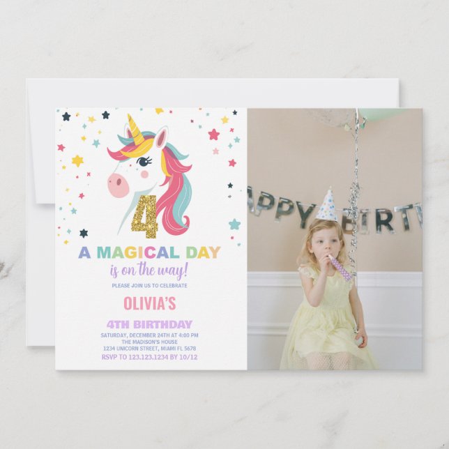 4. Geburtstag Einhorn Geburtstag Einladungen mit F (Vorderseite)