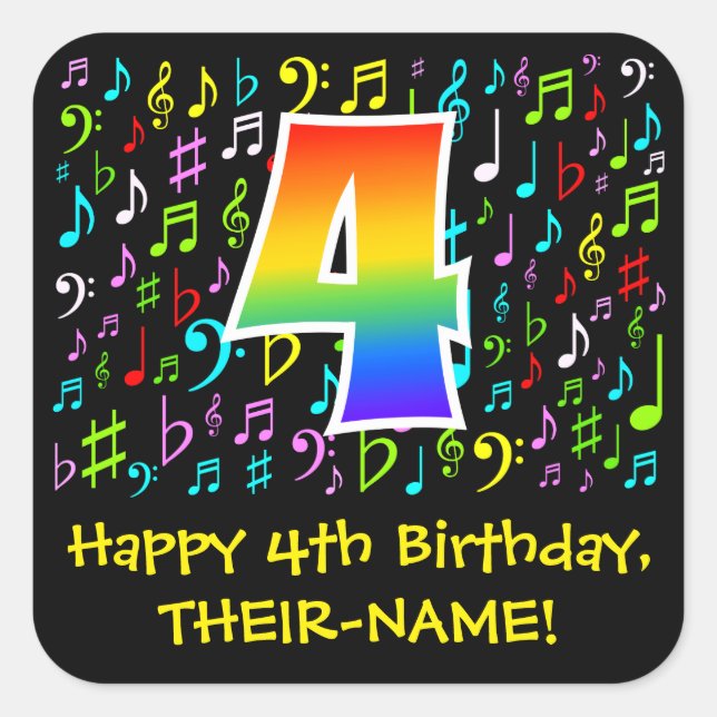 4. Geburtstag: Farbige Musiksymbole, Regenbogen 4 Quadratischer Aufkleber (Vorderseite)