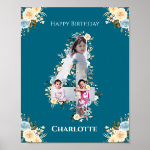 4. Geburtstag Foto Aquamarin Collage Blue Yellow B Poster