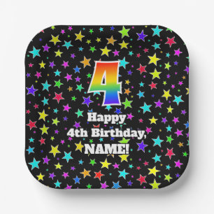 4. Geburtstag: Fun Stars Pattern und Regenbogen "4 Pappteller