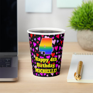 4. Geburtstag: Liebes Herz Muster, Regenbogen 4 Pappbecher