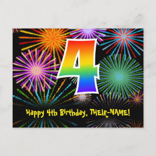 4. Geburtstag – Lustiges Feuerwerk Muster + Regenb Postkarte