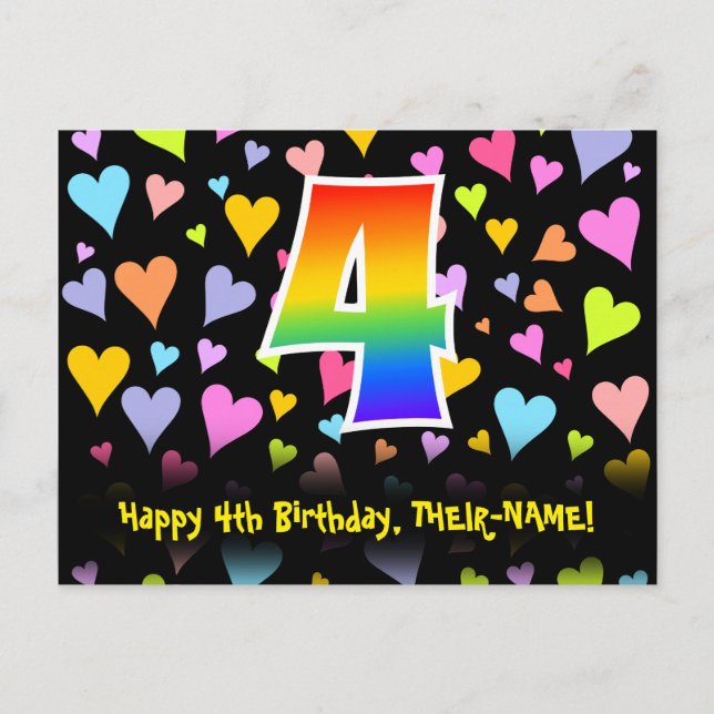 4. Geburtstag: Lustiges Herzen-Muster, Regenbogen  Postkarte (Vorderseite)