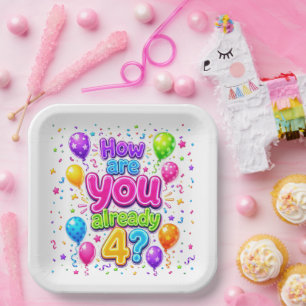 4. Geburtstag Neon-Partyballons und Konfetti Pappteller