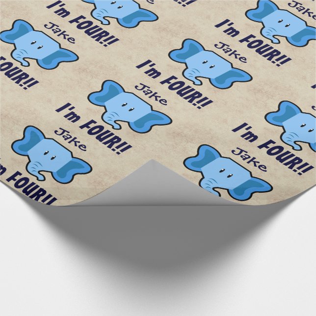 4. Geburtstag Niedliches Blue Elephant Gesicht für Geschenkpapier (Ecke)