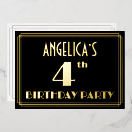 4. Geburtstag Party: Art Deco Look "4", w/ Name Folieneinladung