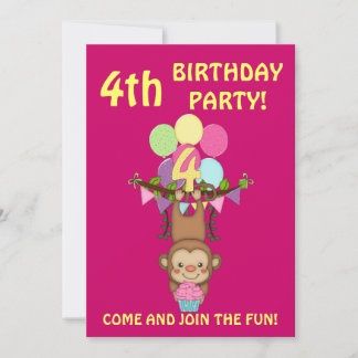 4. Geburtstag Party Niedlicher Affe+Farbige Ballon Einladung