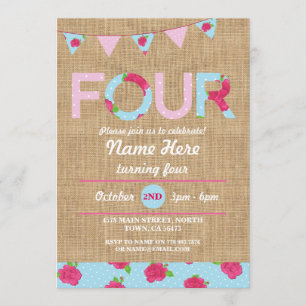 4. Geburtstag Party Vier Burlap Rose Floral Einlad Einladung