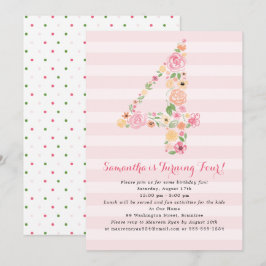4. Geburtstag Pink Watercolor Florals in Nr. 4 Einladung