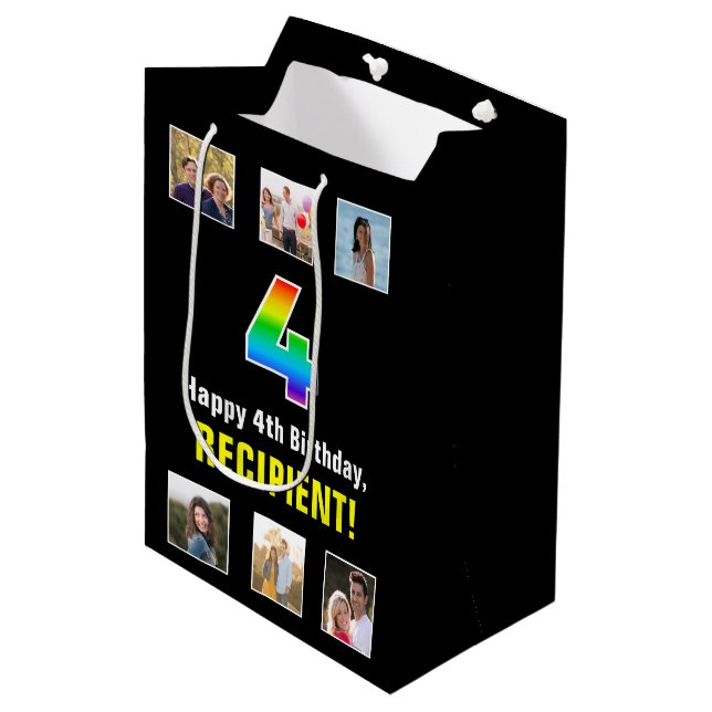 4. Geburtstag: Regenbogen "4", benutzerdefinierte  Mittlere Geschenktüte (Vorderseite Schrägansicht)