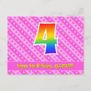 4. Geburtstag: Rosa Streifen & Herzen, Regenbogen Postkarte