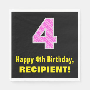 4. Geburtstag: Rosa Streifen und Herzen "4" + Name Serviette
