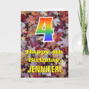 4. Geburtstag; Rustikale Herbstblätter; Regenbogen Karte