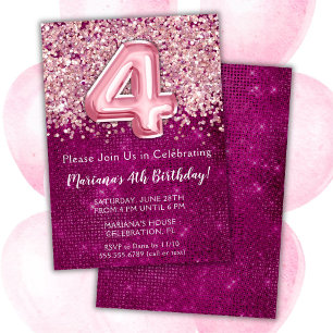 4. Geburtstagseinladung Girly Magenta Pink Glitzer Einladung