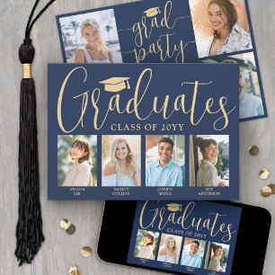 4 Grads Fotos Joint Graduation Party Navy & Gold Einladung