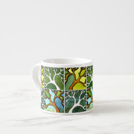 4 Hand geschnitzte Bäume im Aquarell und Stift u. Espressotasse