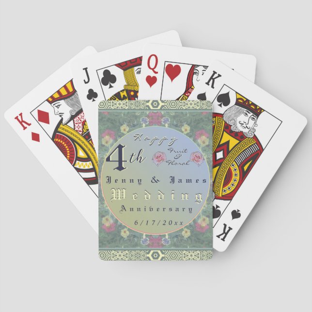 4. Hochzeitstag Grün & Blau Blume Spielkarten (Rückseite)