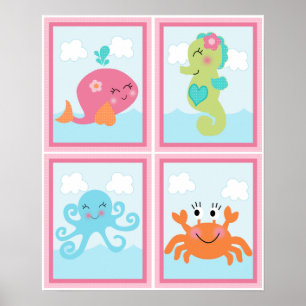 4 in 1 Under the Sea/Pink Whale 8x10 Nursery Art Poster