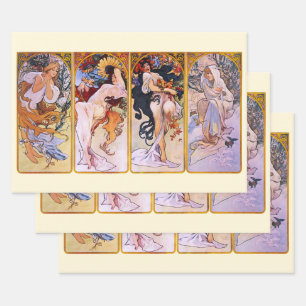4 Jahreszeiten von Alphonse Mucha, Kunst im Jugend Geschenkpapier Set
