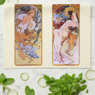 4 Jahreszeiten von Alphonse Mucha, Kunst im Jugend Geschirrtuch