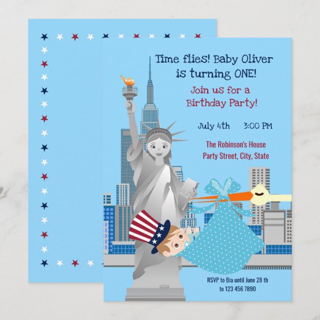 4 juillet 1er anniversaire Boy Party Invitation (Devant / Derrière)