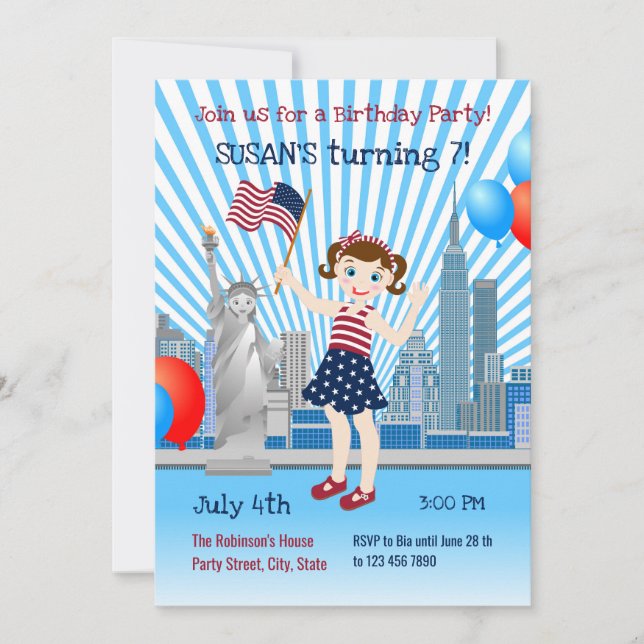 4 juillet Anniversaire Fille Fête Invitation (Devant)
