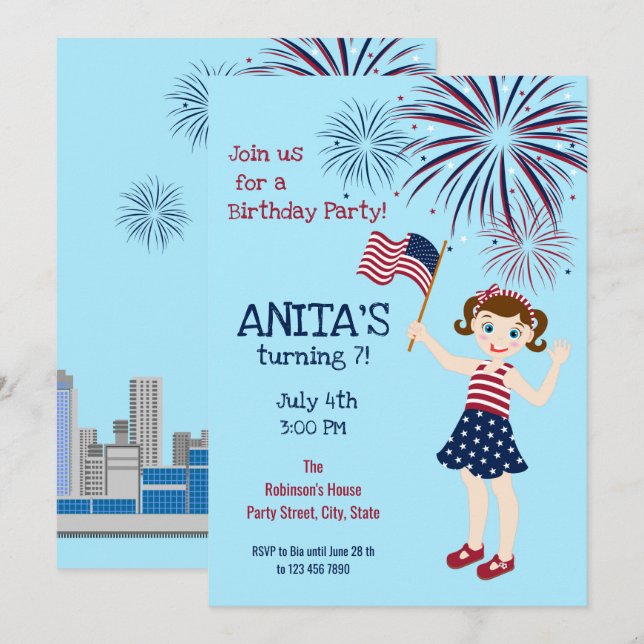 4 juillet Anniversaire Fille Fête Invitation (Devant / Derrière)