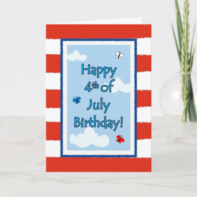 4 juillet Anniversaire, Papillons Drapeau Carte de (Devant)