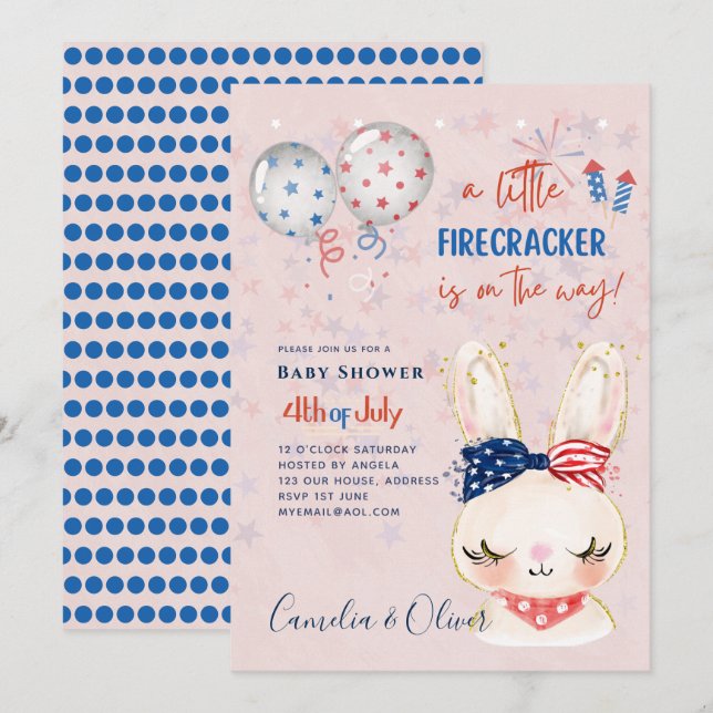 4 juillet BABY SHOWER INVITATION Firecracker Bunny (Devant / Derrière)