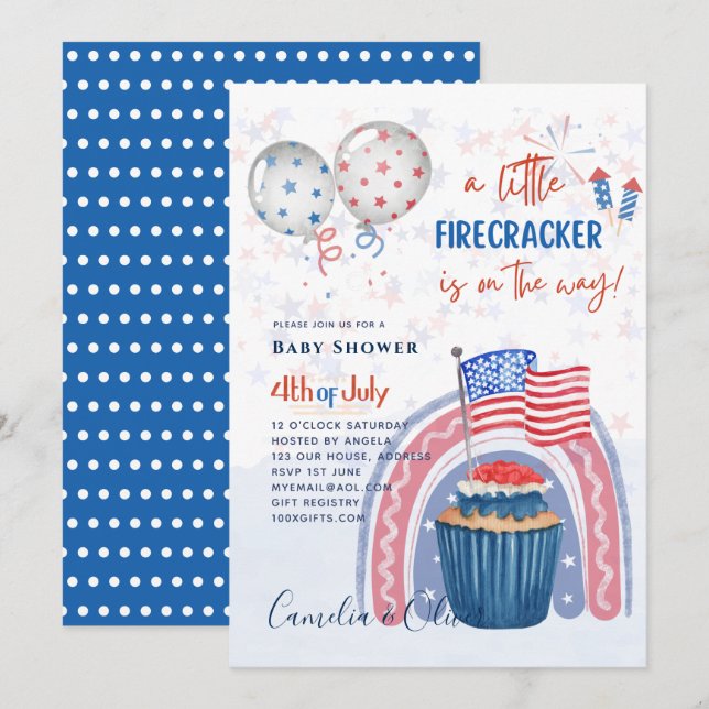 4 juillet BABY SHOWER INVITATION Firecracker Cupca (Devant / Derrière)